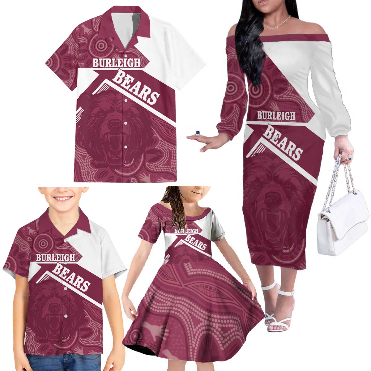 Burleigh Rugby Custom Family Matching Off The Shoulder Long Sleeve Dress and Hawaiian Shirt Go Bears Maroon Aboriginal Art - Aussie Hoodie