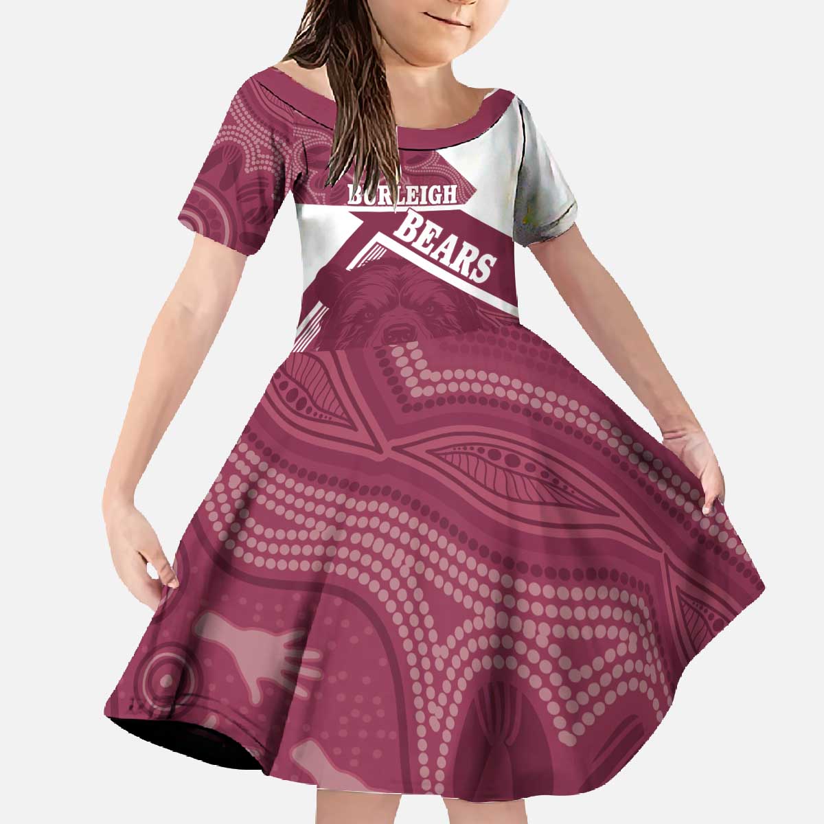 Burleigh Rugby Custom Family Matching Off The Shoulder Long Sleeve Dress and Hawaiian Shirt Go Bears Maroon Aboriginal Art - Aussie Hoodie