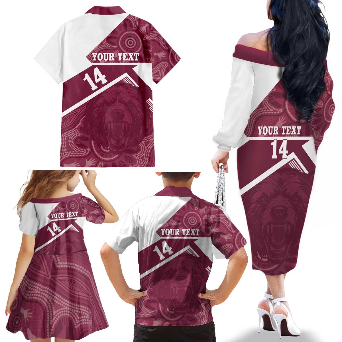 Burleigh Rugby Custom Family Matching Off The Shoulder Long Sleeve Dress and Hawaiian Shirt Go Bears Maroon Aboriginal Art - Aussie Hoodie