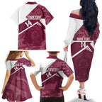 Burleigh Rugby Custom Family Matching Off The Shoulder Long Sleeve Dress and Hawaiian Shirt Go Bears Maroon Aboriginal Art - Aussie Hoodie
