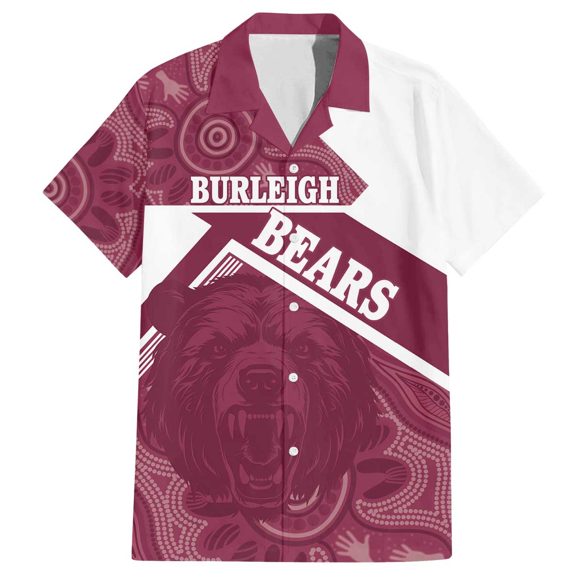 Burleigh Rugby Custom Family Matching Off The Shoulder Long Sleeve Dress and Hawaiian Shirt Go Bears Maroon Aboriginal Art - Aussie Hoodie