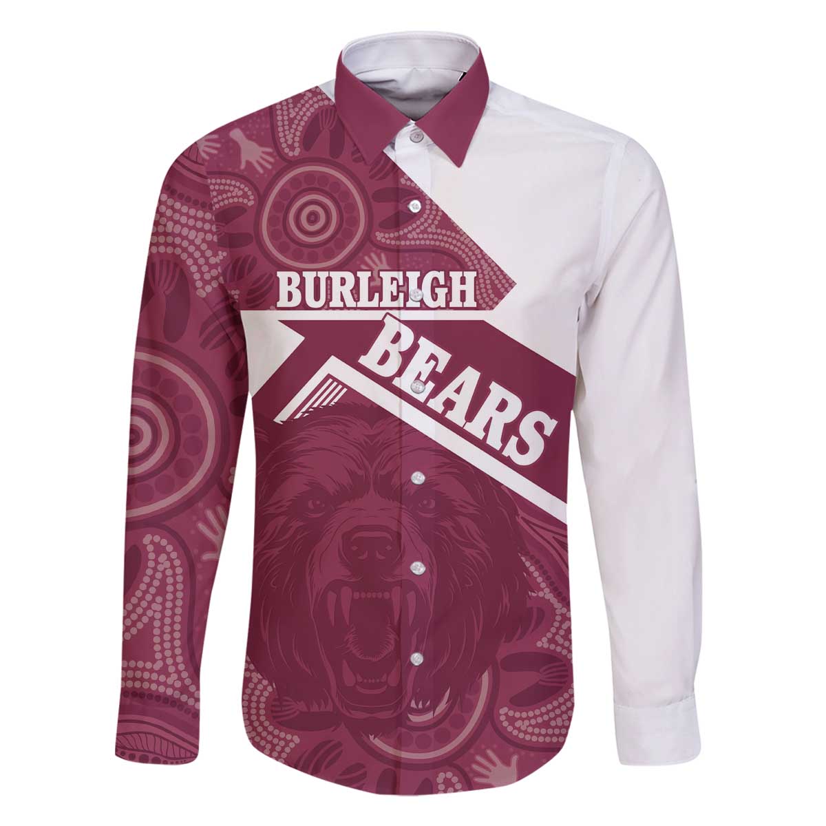 Burleigh Rugby Custom Family Matching Off The Shoulder Long Sleeve Dress and Hawaiian Shirt Go Bears Maroon Aboriginal Art - Aussie Hoodie