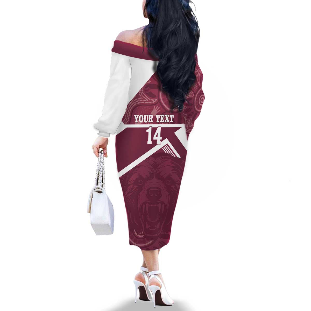 Burleigh Rugby Custom Family Matching Off The Shoulder Long Sleeve Dress and Hawaiian Shirt Go Bears Maroon Aboriginal Art - Aussie Hoodie