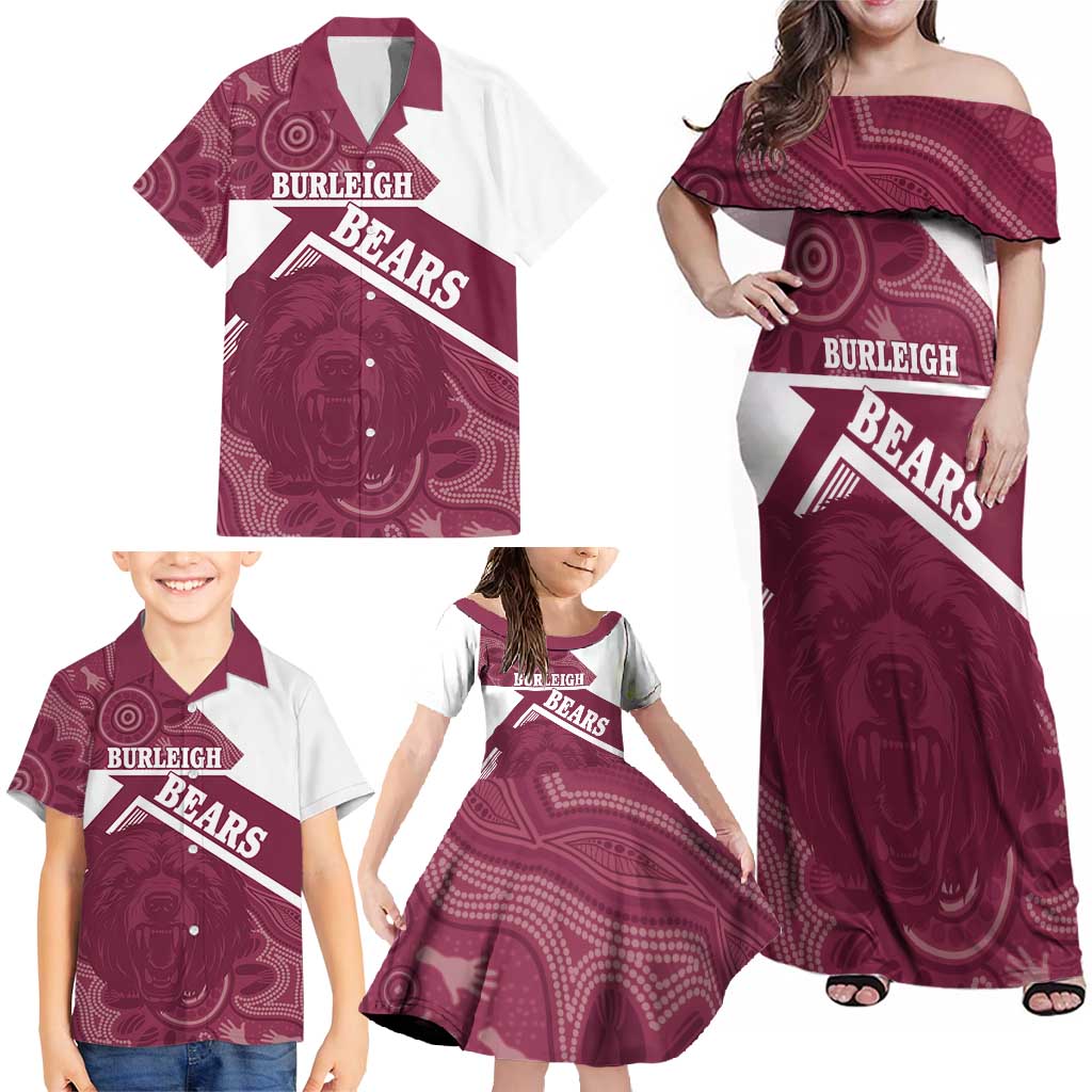 Burleigh Rugby Custom Family Matching Off Shoulder Maxi Dress and Hawaiian Shirt Go Bears Maroon Aboriginal Art - Aussie Hoodie