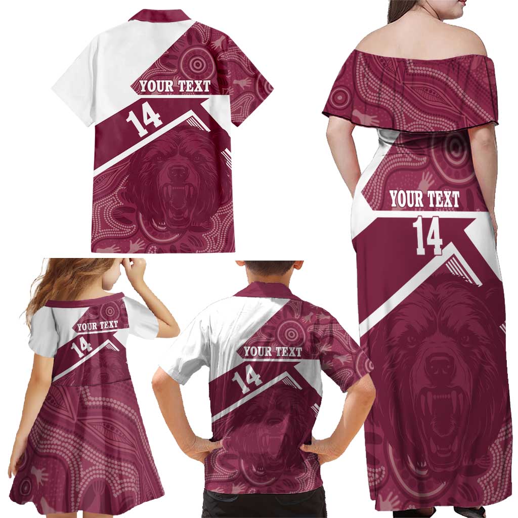 Burleigh Rugby Custom Family Matching Off Shoulder Maxi Dress and Hawaiian Shirt Go Bears Maroon Aboriginal Art - Aussie Hoodie