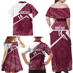 Burleigh Rugby Custom Family Matching Off Shoulder Maxi Dress and Hawaiian Shirt Go Bears Maroon Aboriginal Art - Aussie Hoodie