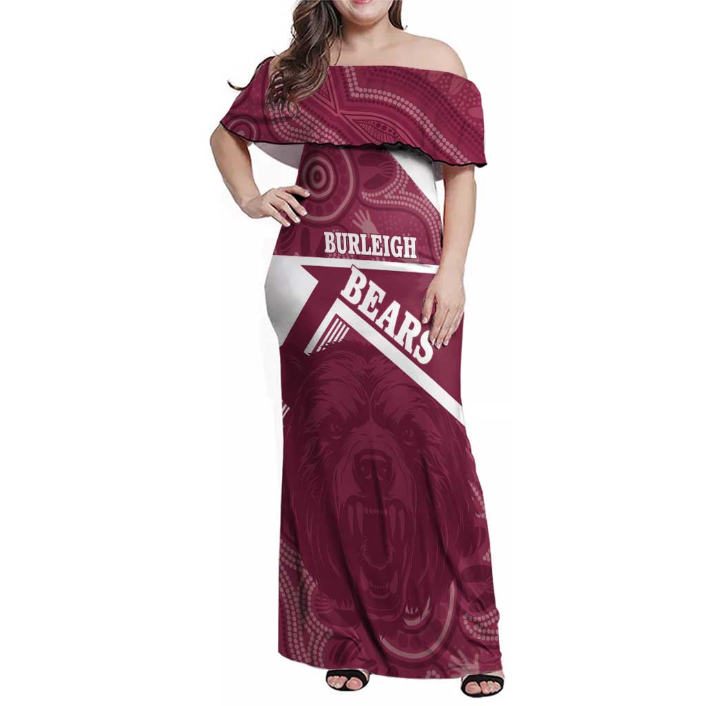 Burleigh Rugby Custom Family Matching Off Shoulder Maxi Dress and Hawaiian Shirt Go Bears Maroon Aboriginal Art - Aussie Hoodie