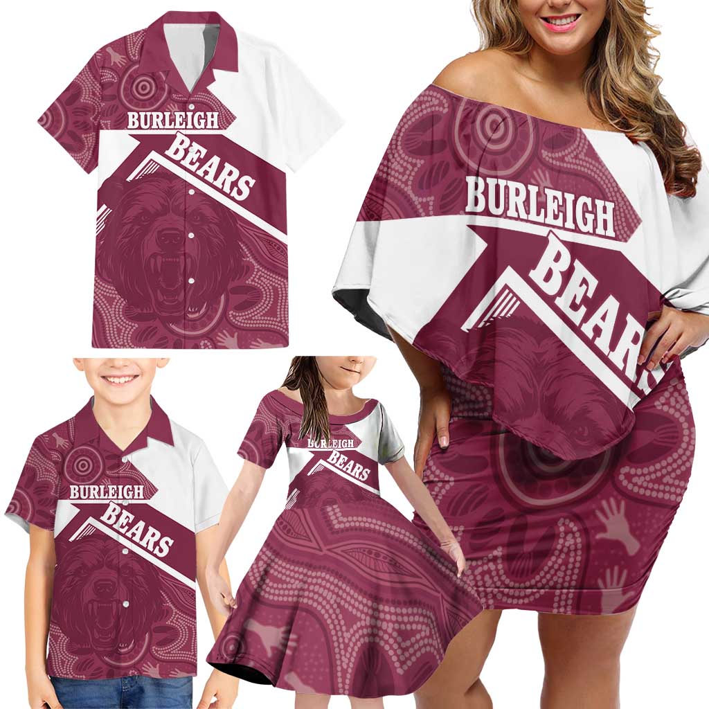 Burleigh Rugby Custom Family Matching Off Shoulder Short Dress and Hawaiian Shirt Go Bears Maroon Aboriginal Art - Aussie Hoodie