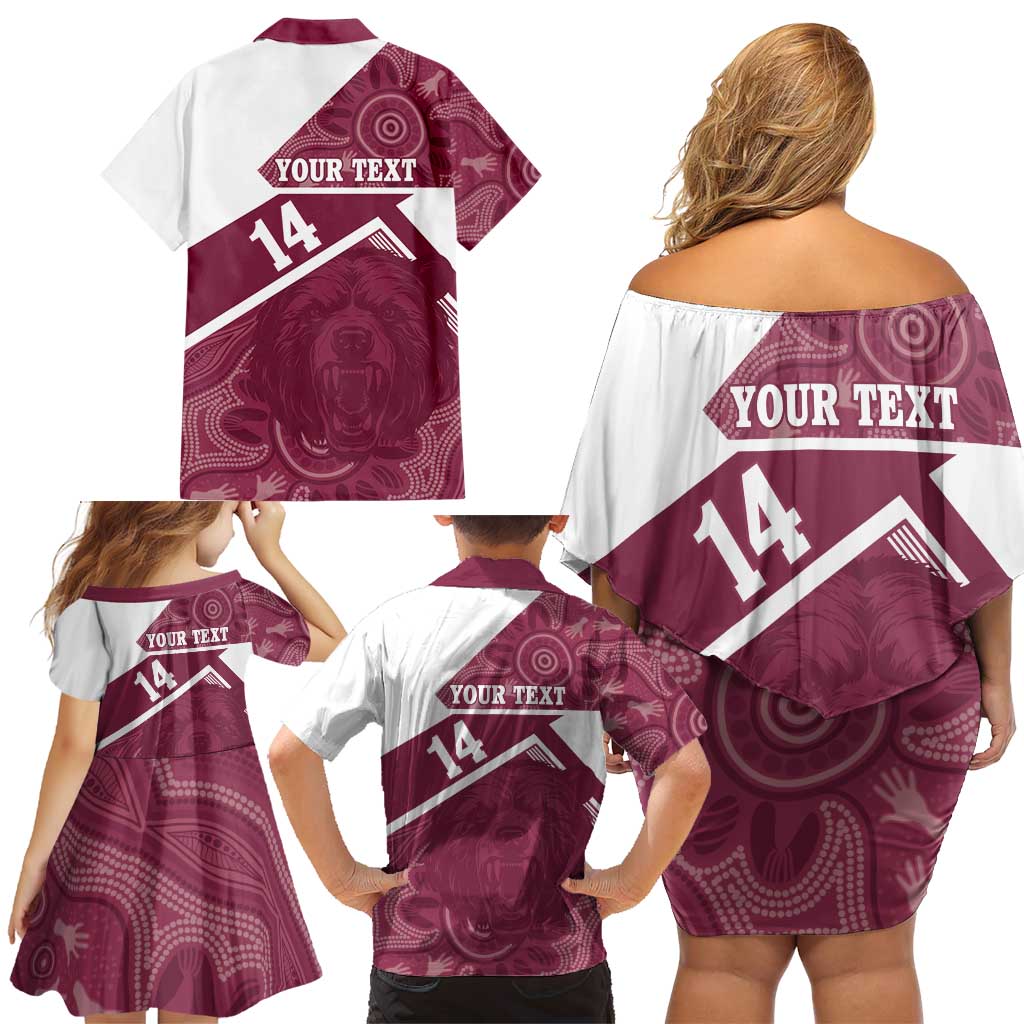 Burleigh Rugby Custom Family Matching Off Shoulder Short Dress and Hawaiian Shirt Go Bears Maroon Aboriginal Art - Aussie Hoodie