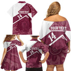 Burleigh Rugby Custom Family Matching Off Shoulder Short Dress and Hawaiian Shirt Go Bears Maroon Aboriginal Art - Aussie Hoodie