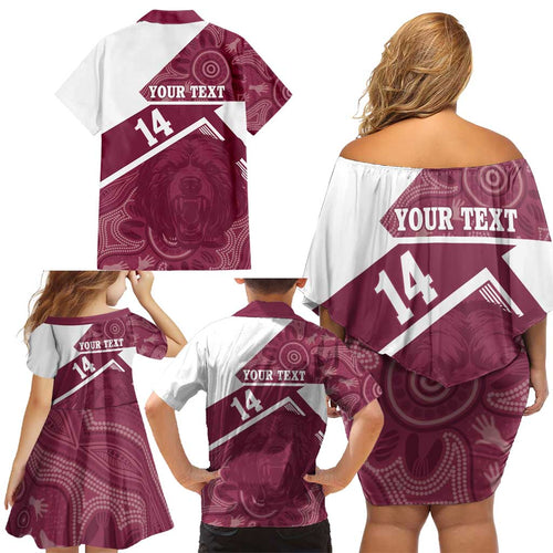Burleigh Rugby Custom Family Matching Off Shoulder Short Dress and Hawaiian Shirt Go Bears Maroon Aboriginal Art - Aussie Hoodie