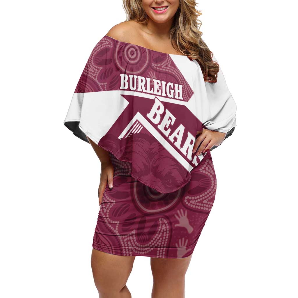 Burleigh Rugby Custom Family Matching Off Shoulder Short Dress and Hawaiian Shirt Go Bears Maroon Aboriginal Art - Aussie Hoodie