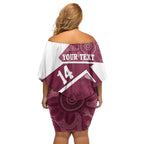 Burleigh Rugby Custom Family Matching Off Shoulder Short Dress and Hawaiian Shirt Go Bears Maroon Aboriginal Art - Aussie Hoodie