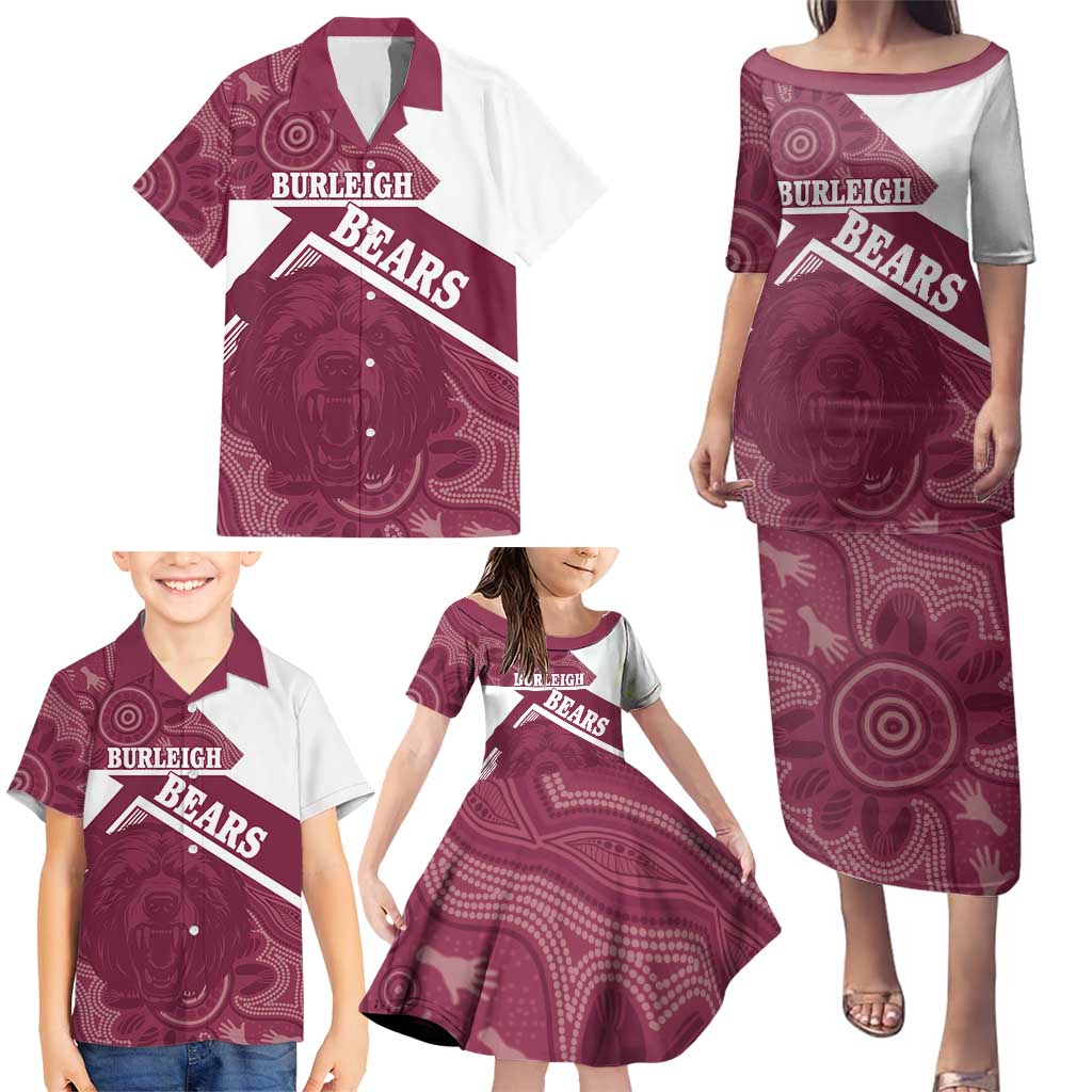 Burleigh Rugby Custom Family Matching Puletasi and Hawaiian Shirt Go Bears Maroon Aboriginal Art - Aussie Hoodie