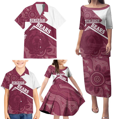 Burleigh Rugby Custom Family Matching Puletasi and Hawaiian Shirt Go Bears Maroon Aboriginal Art - Aussie Hoodie
