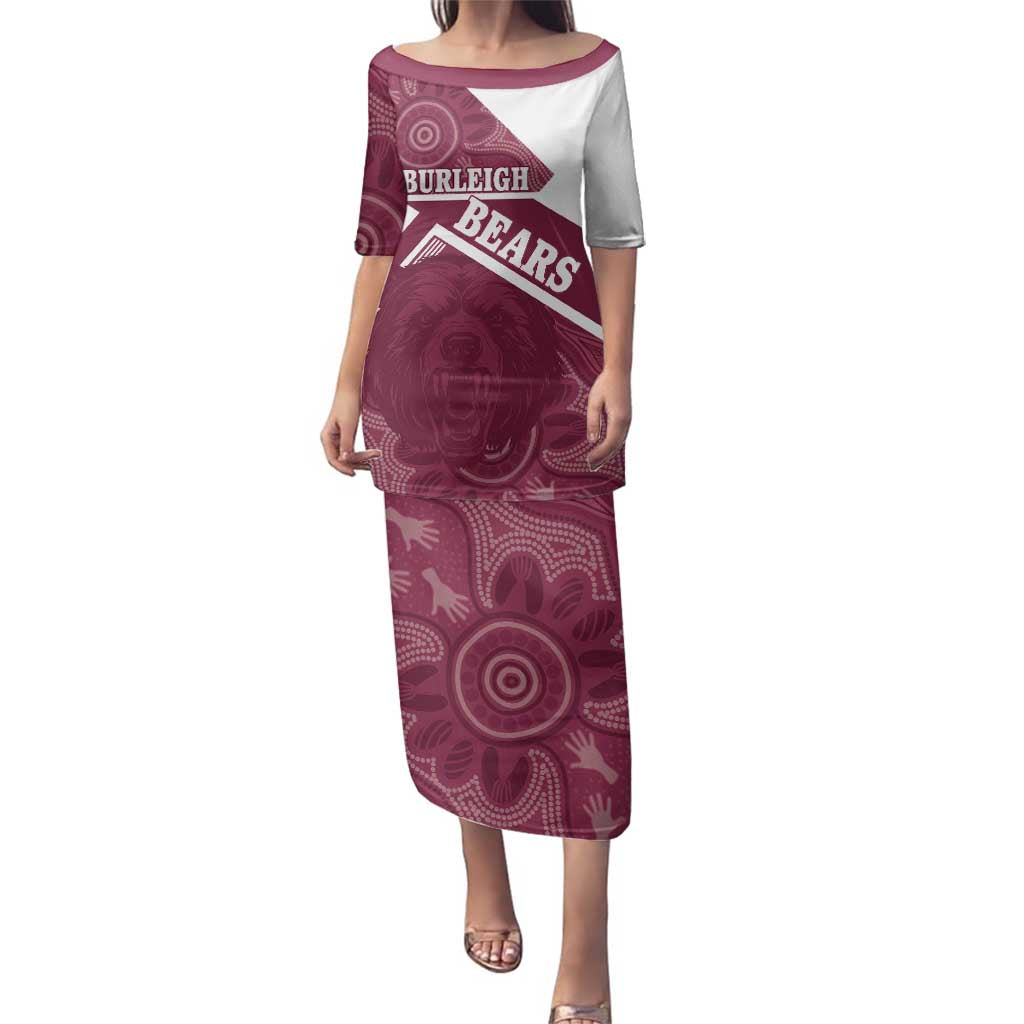 Burleigh Rugby Custom Family Matching Puletasi and Hawaiian Shirt Go Bears Maroon Aboriginal Art - Aussie Hoodie