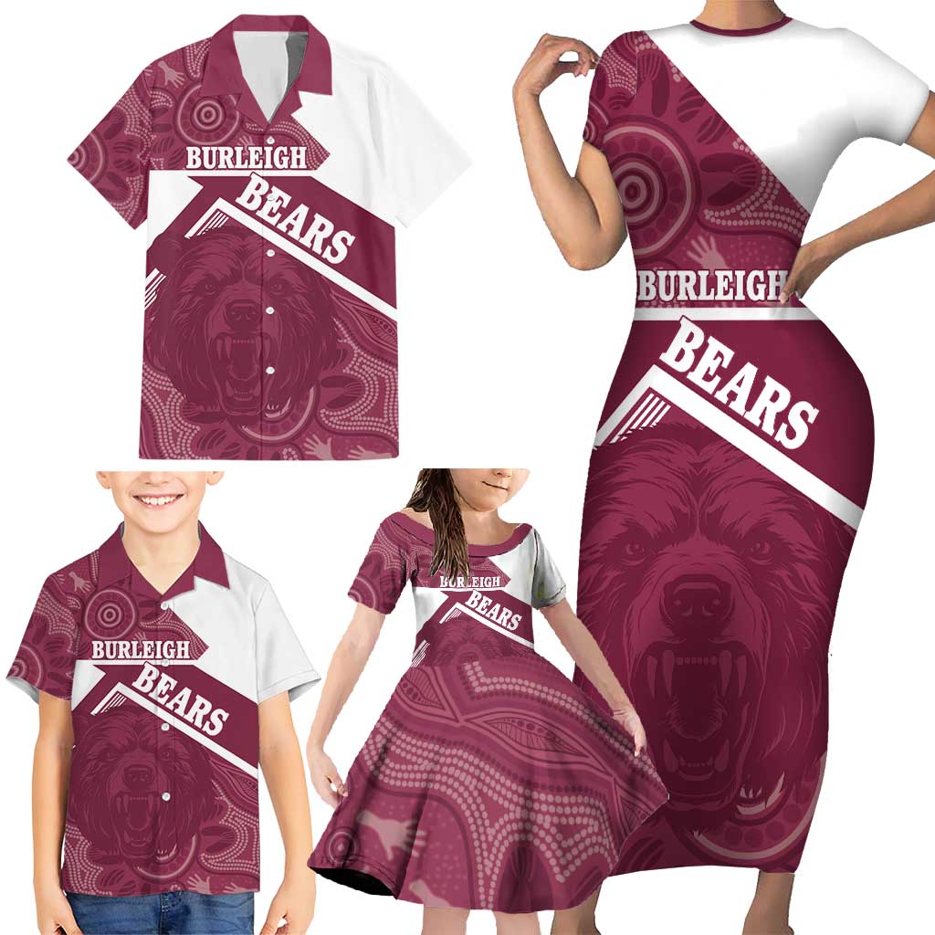 Burleigh Rugby Custom Family Matching Short Sleeve Bodycon Dress and Hawaiian Shirt Go Bears Maroon Aboriginal Art - Aussie Hoodie