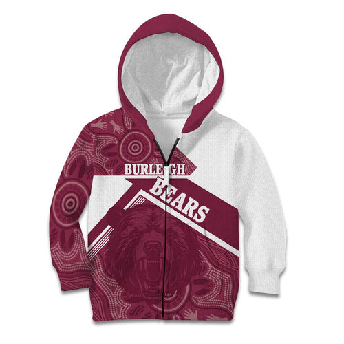 Burleigh Rugby Custom Kid Hoodie Go Bears Maroon Aboriginal Art - Aussie Hoodie