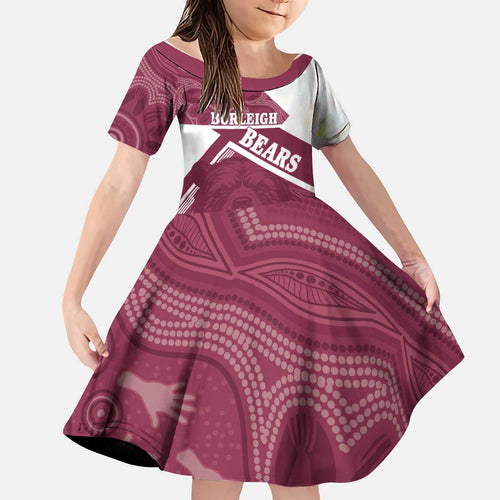 Burleigh Rugby Custom Kid Short Sleeve Dress Go Bears Maroon Aboriginal Art - Aussie Hoodie