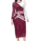 Burleigh Rugby Custom Long Sleeve Bodycon Dress Go Bears Maroon Aboriginal Art - Aussie Hoodie