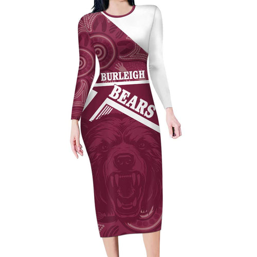 Burleigh Rugby Custom Long Sleeve Bodycon Dress Go Bears Maroon Aboriginal Art - Aussie Hoodie
