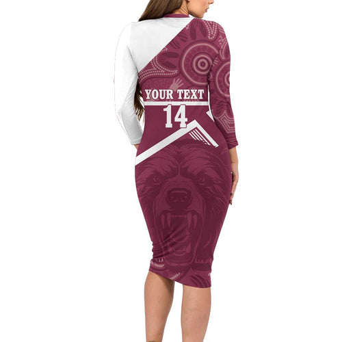 Burleigh Rugby Custom Long Sleeve Bodycon Dress Go Bears Maroon Aboriginal Art - Aussie Hoodie