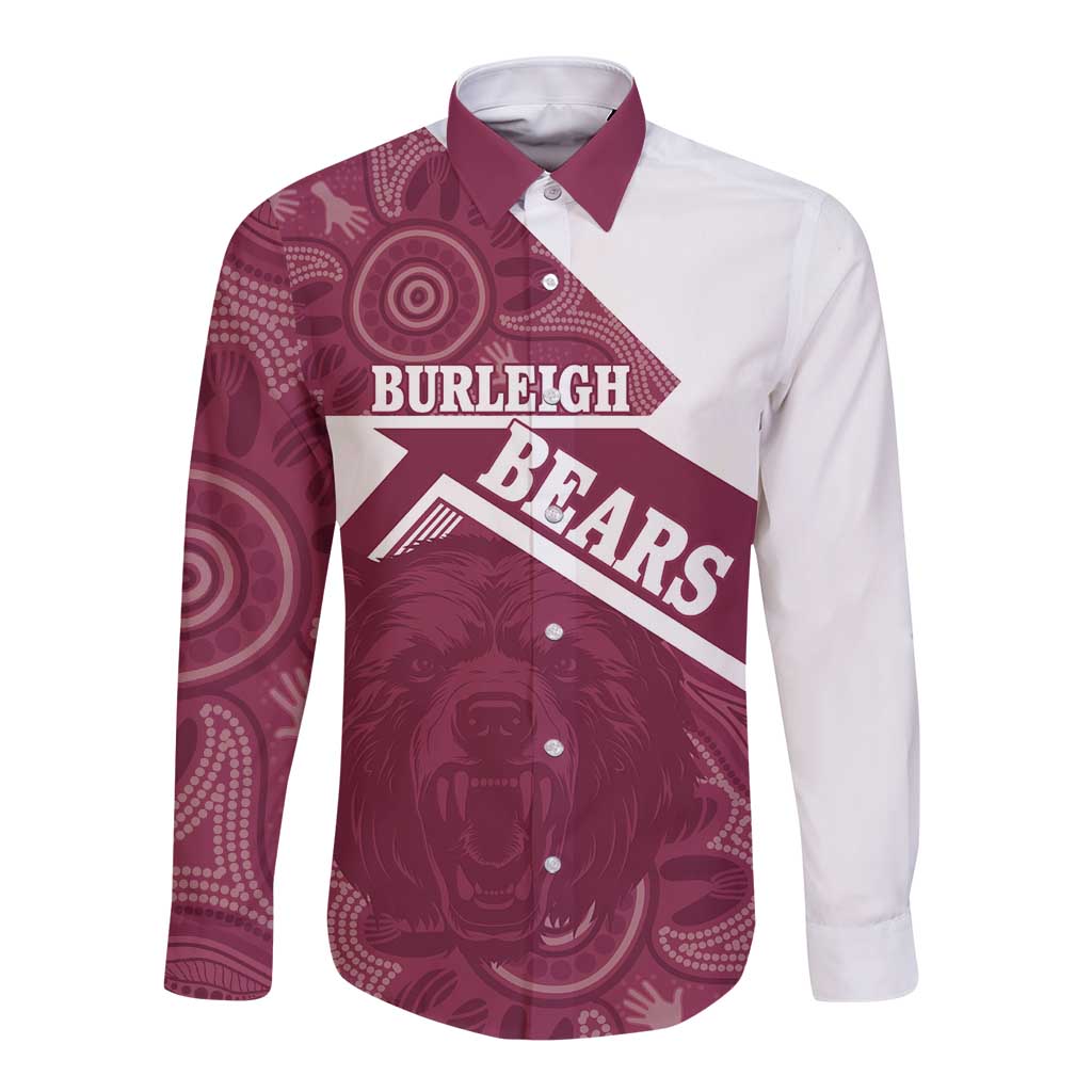 Burleigh Rugby Custom Long Sleeve Button Shirt Go Bears Maroon Aboriginal Art - Aussie Hoodie