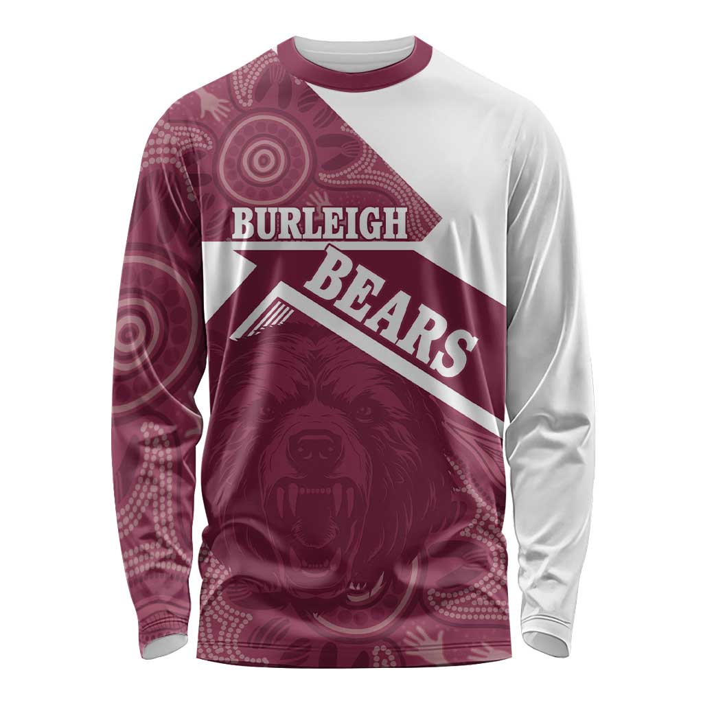 Burleigh Rugby Custom Long Sleeve Shirt Go Bears Maroon Aboriginal Art - Aussie Hoodie