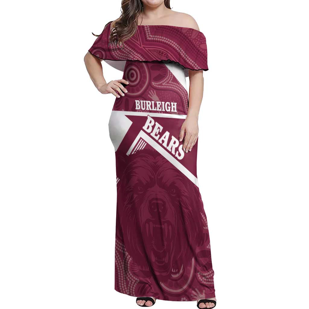 Burleigh Rugby Custom Off Shoulder Maxi Dress Go Bears Maroon Aboriginal Art - Aussie Hoodie