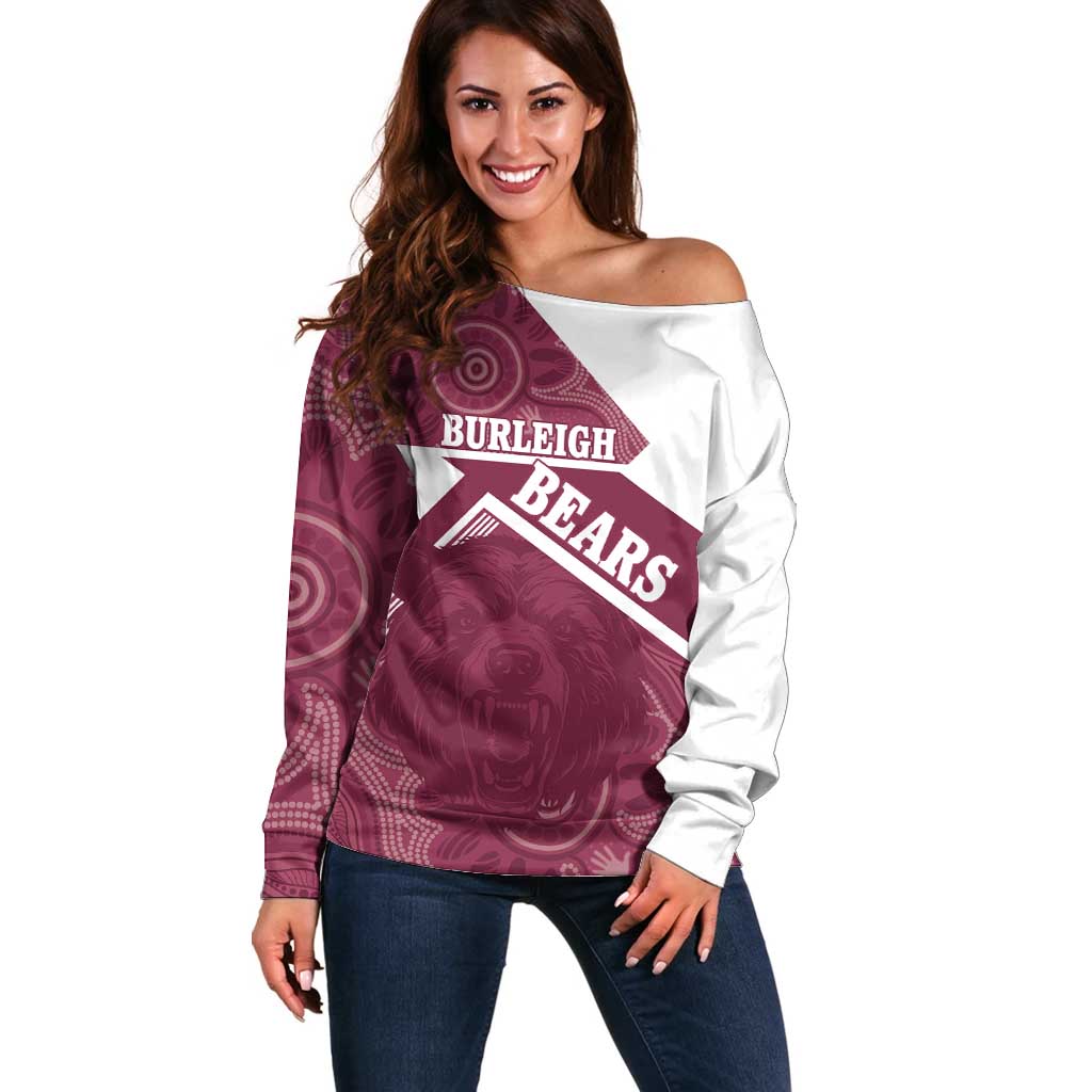 Burleigh Rugby Custom Off Shoulder Sweater Go Bears Maroon Aboriginal Art - Aussie Hoodie