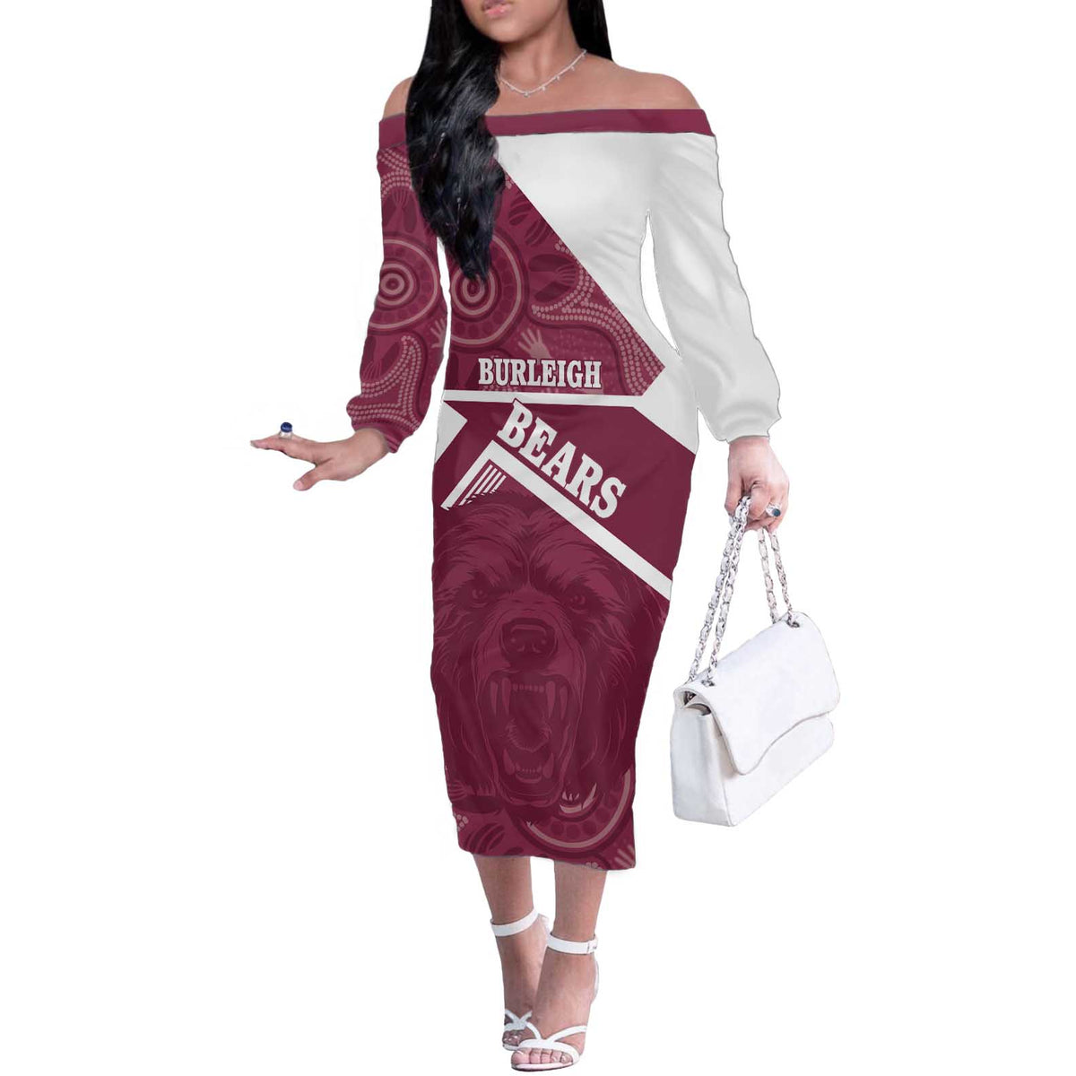 Burleigh Rugby Custom Off The Shoulder Long Sleeve Dress Go Bears Maroon Aboriginal Art - Aussie Hoodie
