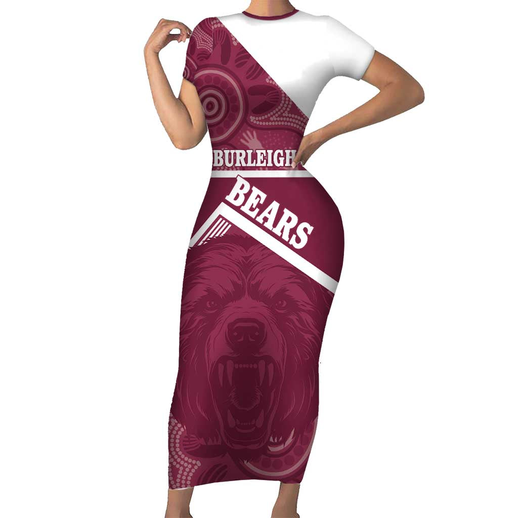 Burleigh Rugby Custom Short Sleeve Bodycon Dress Go Bears Maroon Aboriginal Art - Aussie Hoodie
