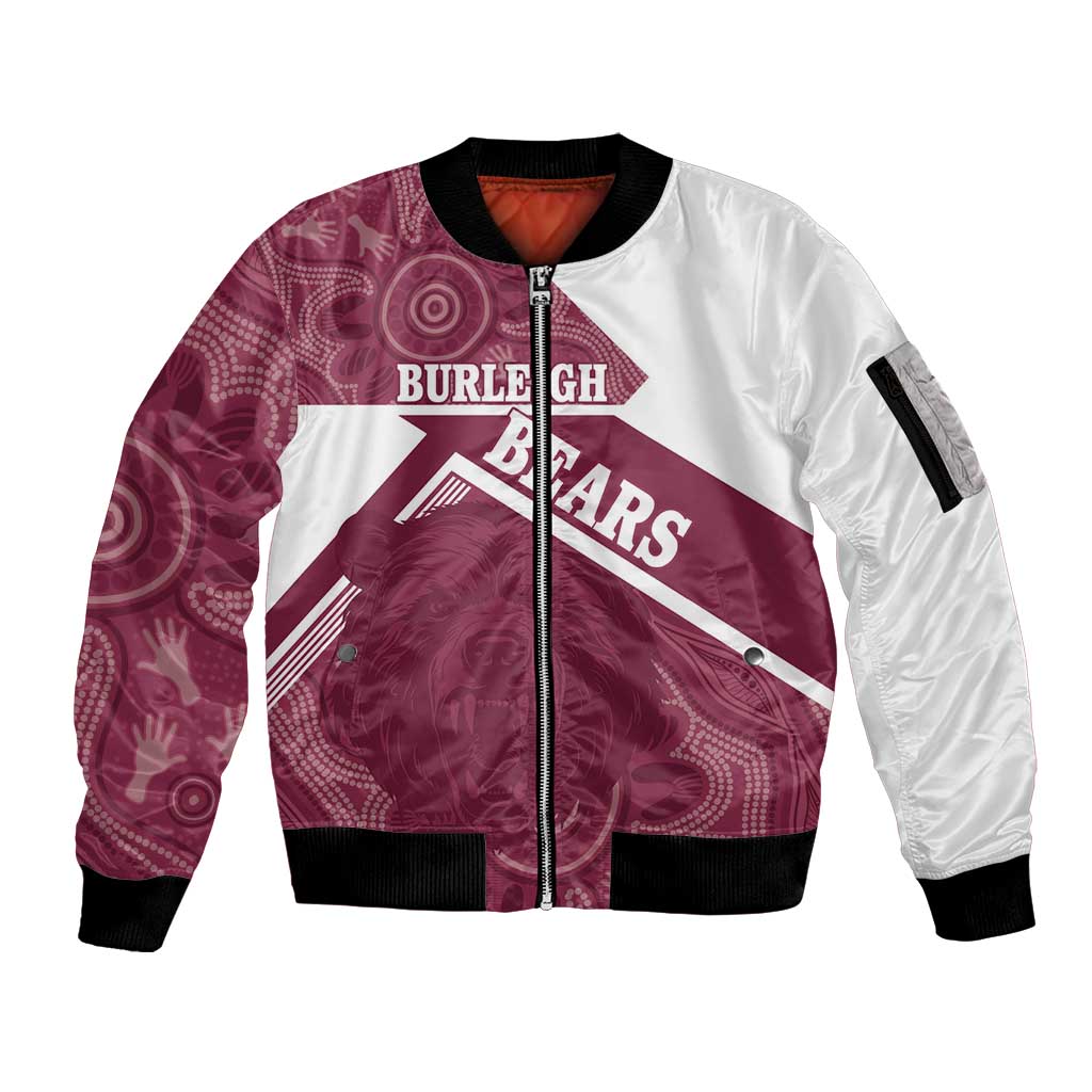 Burleigh Rugby Custom Sleeve Zip Bomber Jacket Go Bears Maroon Aboriginal Art - Aussie Hoodie