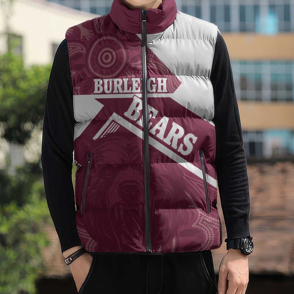 Burleigh Rugby Custom Sleeveless Puffer Jacket Go Bears Maroon Aboriginal Art - Aussie Hoodie