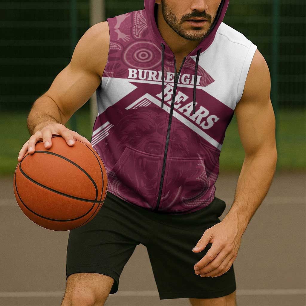 Burleigh Rugby Custom Sleeveless Zip Hoodie Go Bears Maroon Aboriginal Art LT14