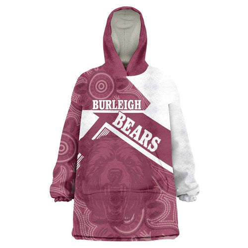 Burleigh Rugby Custom Wearable Blanket Hoodie Go Bears Maroon Aboriginal Art - Aussie Hoodie