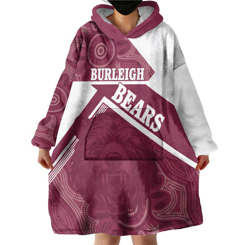Burleigh Rugby Custom Wearable Blanket Hoodie Go Bears Maroon Aboriginal Art - Aussie Hoodie