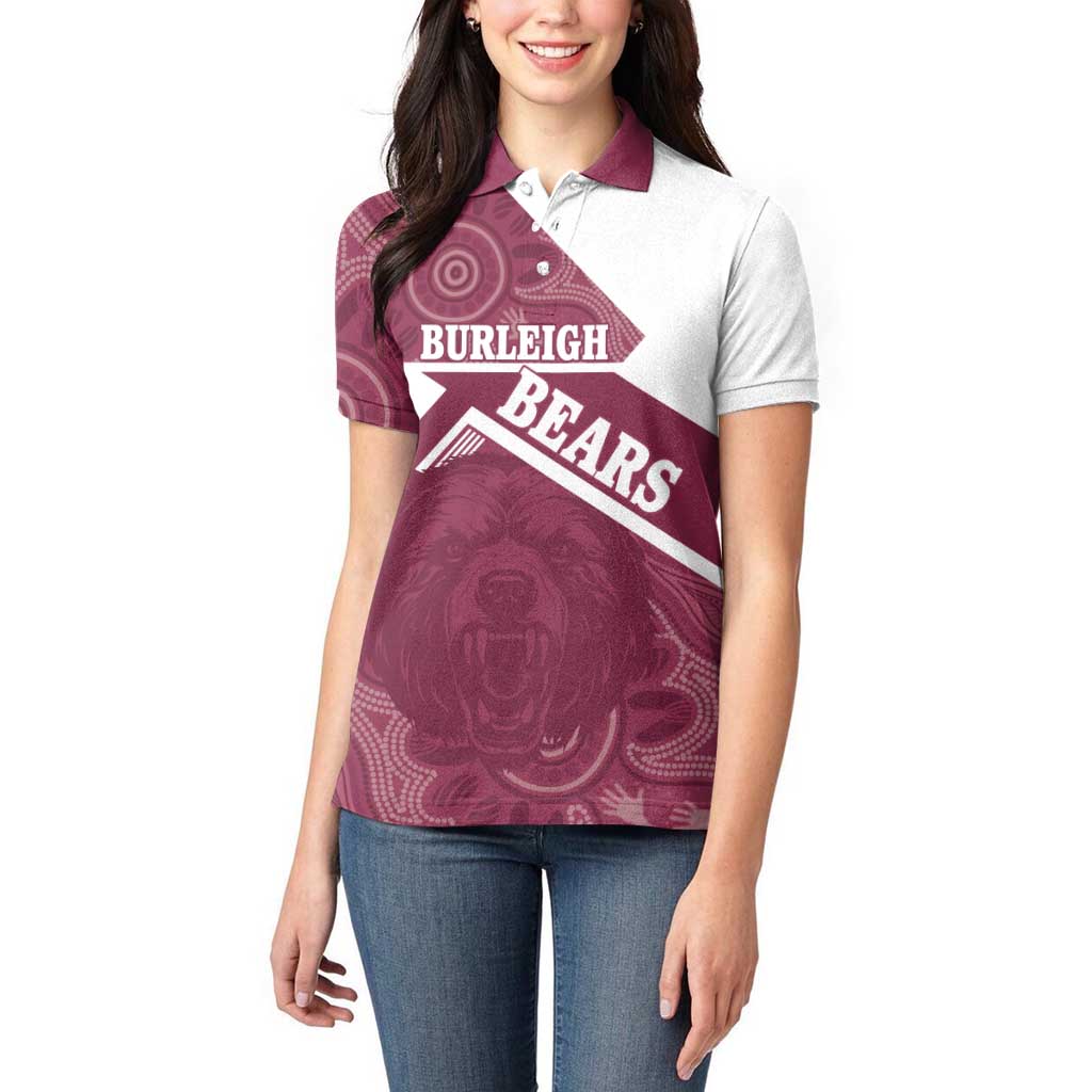 Burleigh Rugby Custom Women Polo Shirt Go Bears Maroon Aboriginal Art - Aussie Hoodie