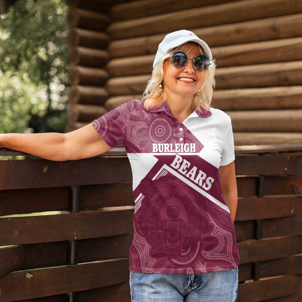 Burleigh Rugby Custom Women Polo Shirt Go Bears Maroon Aboriginal Art - Aussie Hoodie