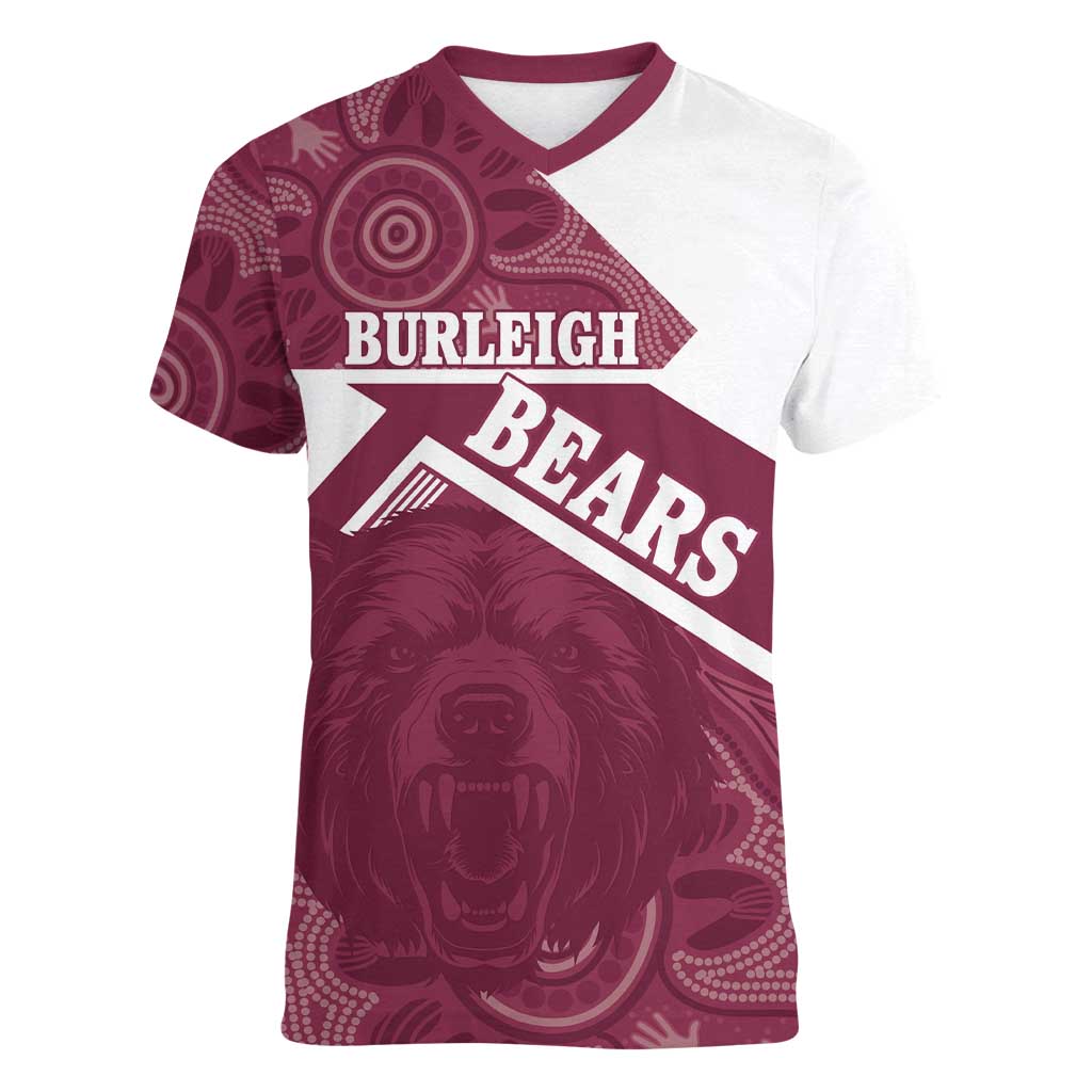 Burleigh Rugby Custom Women V-Neck T-Shirt Go Bears Maroon Aboriginal Art - Aussie Hoodie