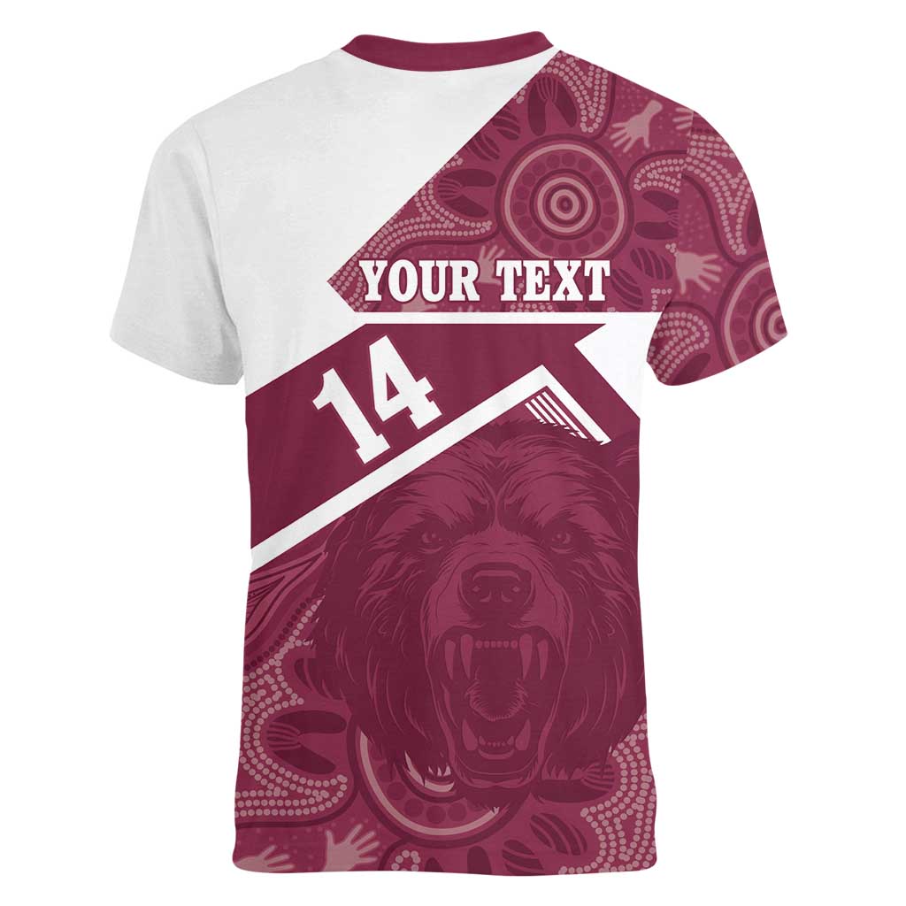 Burleigh Rugby Custom Women V-Neck T-Shirt Go Bears Maroon Aboriginal Art - Aussie Hoodie