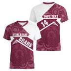 Burleigh Rugby Custom Women V-Neck T-Shirt Go Bears Maroon Aboriginal Art - Aussie Hoodie