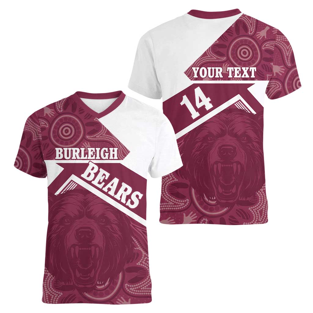 Burleigh Rugby Custom Women V-Neck T-Shirt Go Bears Maroon Aboriginal Art - Aussie Hoodie