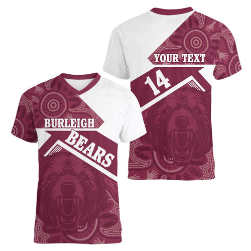Burleigh Rugby Custom Women V-Neck T-Shirt Go Bears Maroon Aboriginal Art - Aussie Hoodie