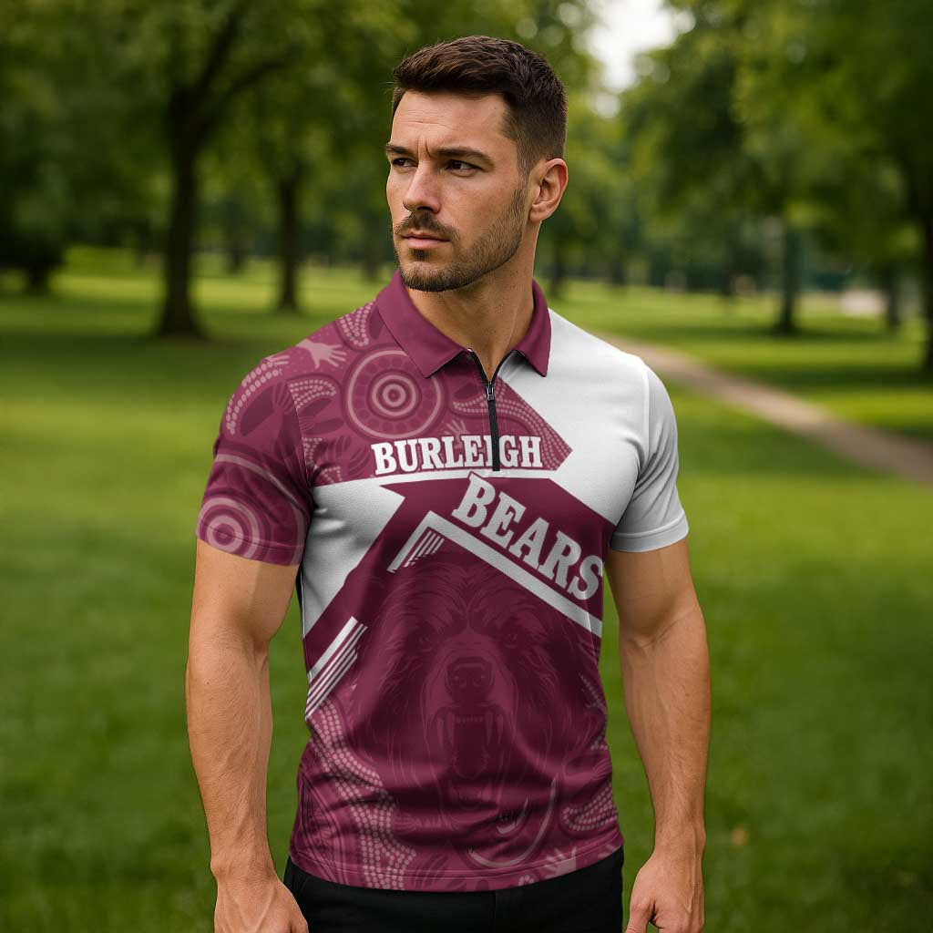 Burleigh Rugby Custom Zipper Polo Shirt Go Bears Maroon Aboriginal Art - Aussie Hoodie