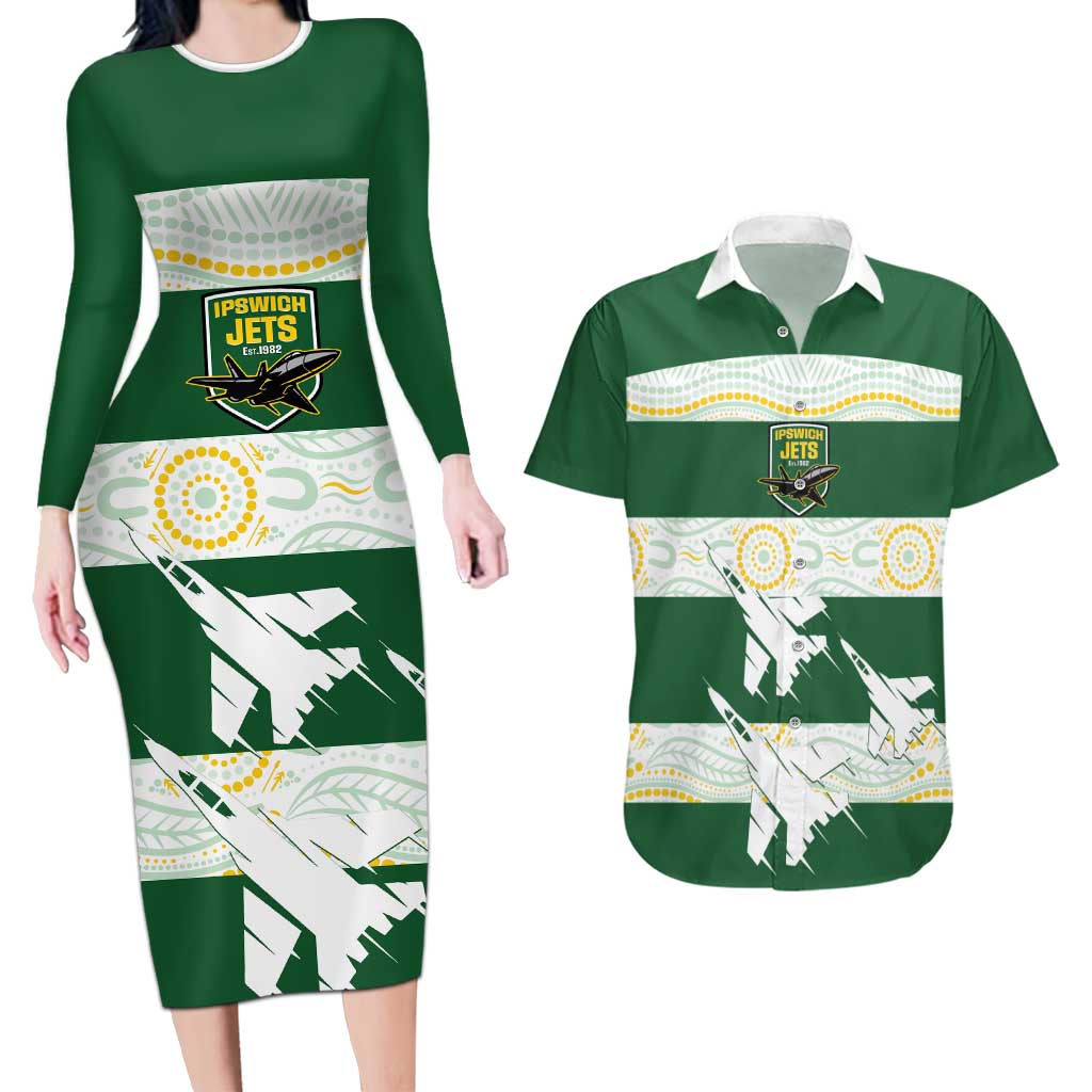 Ipswich Rugby Custom Couples Matching Long Sleeve Bodycon Dress and Hawaiian Shirt Go Jets Aboriginal Art - Aussie Hoodie