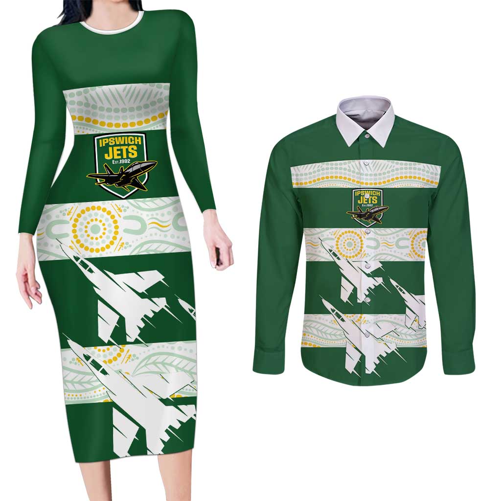 Ipswich Rugby Custom Couples Matching Long Sleeve Bodycon Dress and Long Sleeve Button Shirt Go Jets Aboriginal Art - Aussie Hoodie