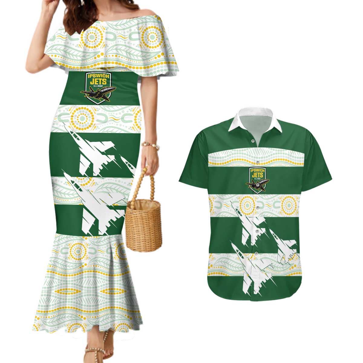 Ipswich Rugby Custom Couples Matching Mermaid Dress and Hawaiian Shirt Go Jets Aboriginal Art - Aussie Hoodie