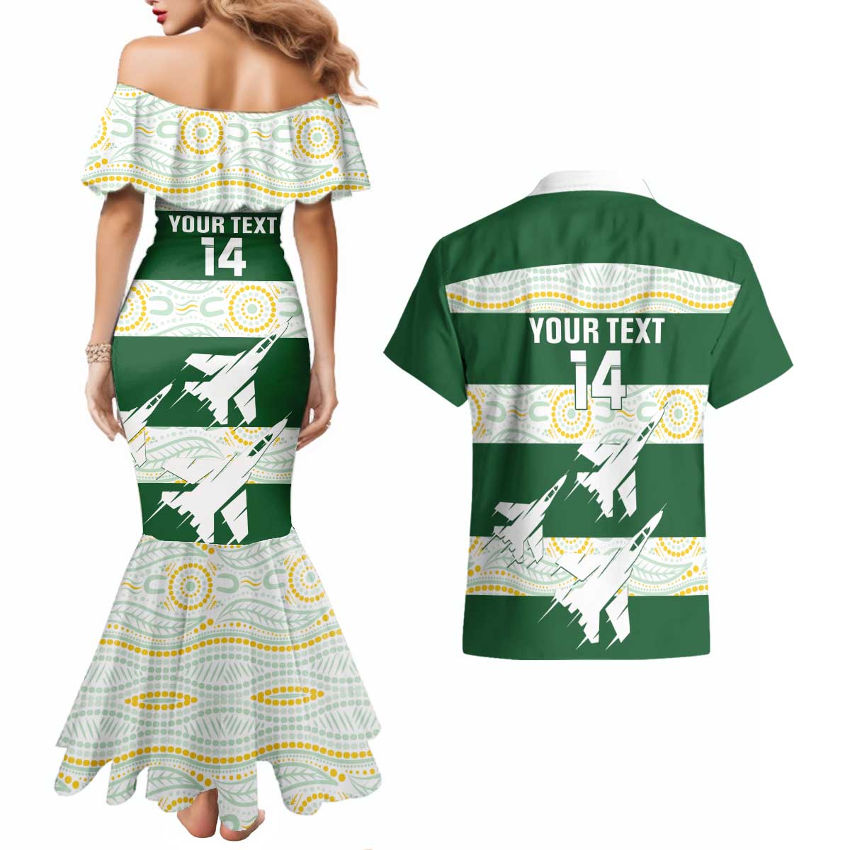 Ipswich Rugby Custom Couples Matching Mermaid Dress and Hawaiian Shirt Go Jets Aboriginal Art - Aussie Hoodie