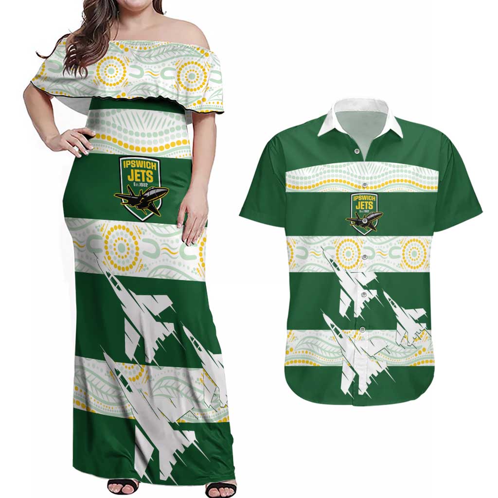 Ipswich Rugby Custom Couples Matching Off Shoulder Maxi Dress and Hawaiian Shirt Go Jets Aboriginal Art - Aussie Hoodie